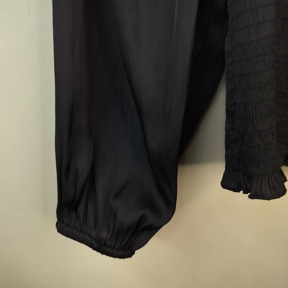 J.Crew Smocked Satin Top Blouse Womens XS Puff Sleeve Square Neck Black